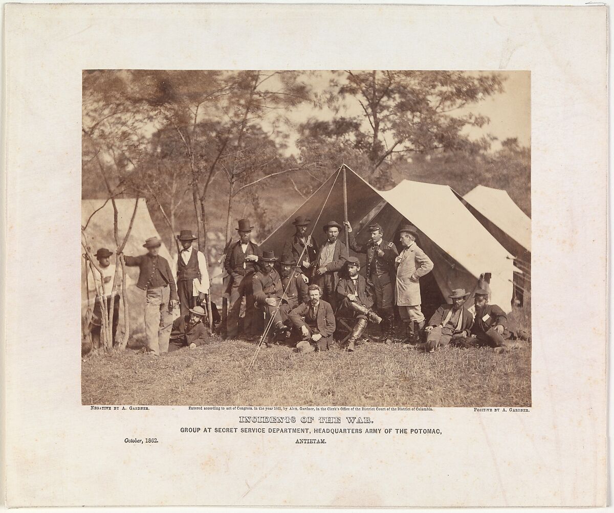 Group at Secret Service Department, Headquarters, Army of the Potomac, Antietam, October 1862, Alexander Gardner (American, Glasgow, Scotland 1821–1882 Washington, D.C.), Albumen silver print from glass negative 