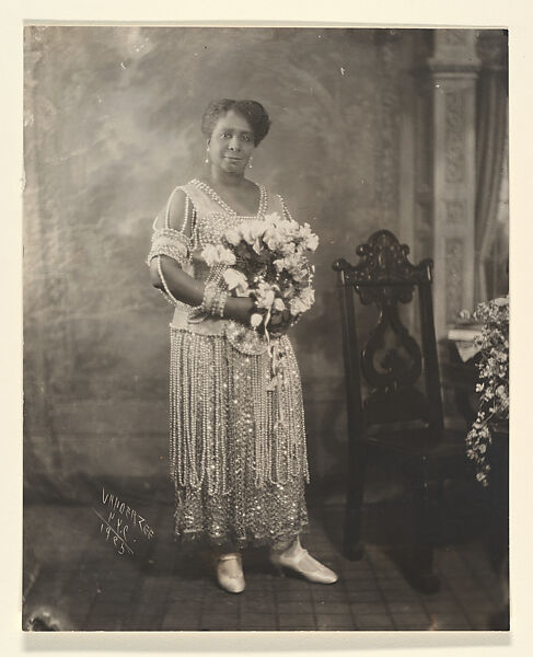 [Woman in Dress with Sequins and Pearls in Front of Painted Backdrop], James Van Der Zee (American, Lenox, Massachusetts 1886–1983 Washington, D.C.), Gelatin silver print 