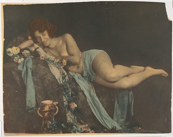 [Nude Draped with Cloth Surrounded by Flowers], James Van Der Zee  American, Gelatin silver print with applied color