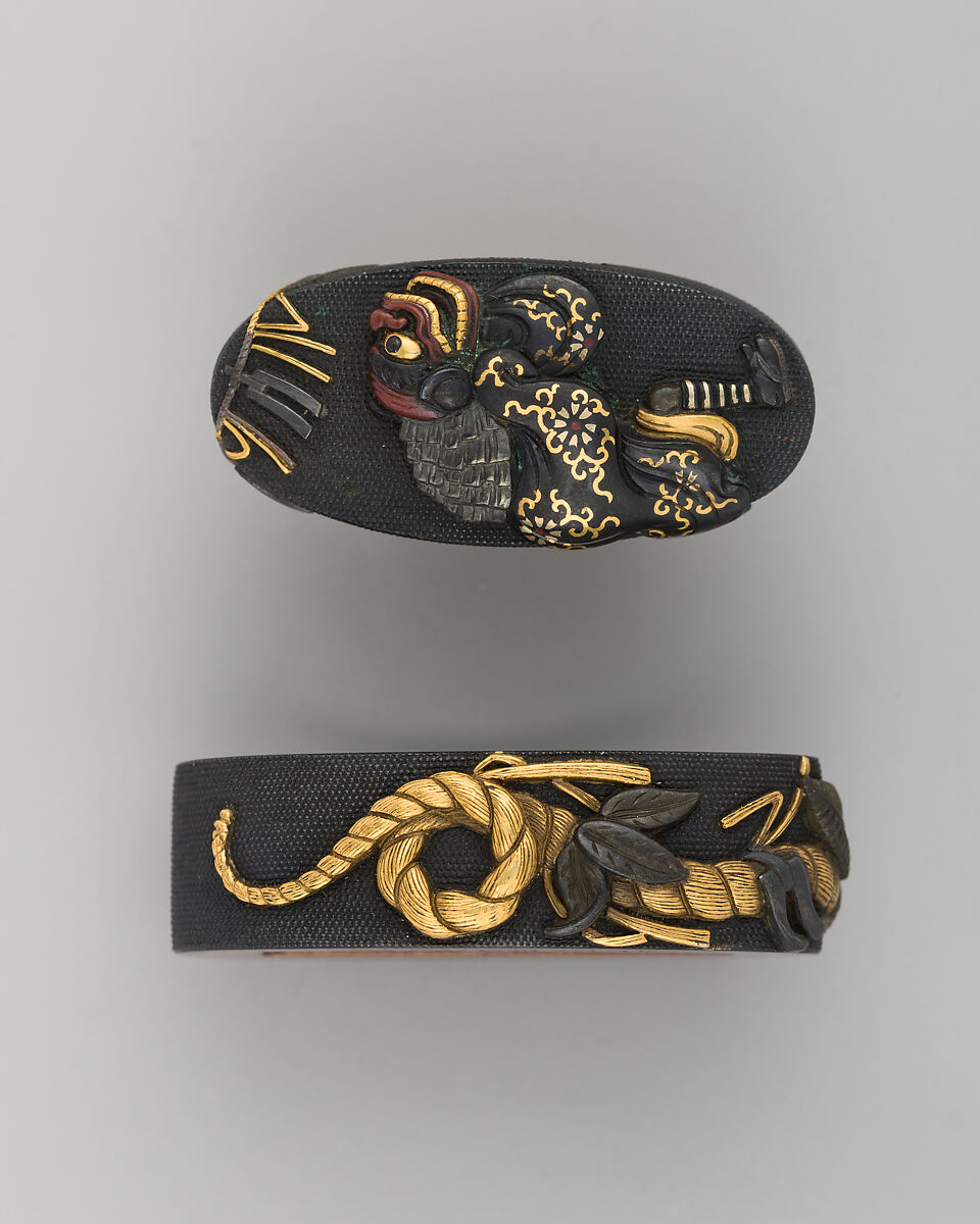 Sword-Hilt Collar and Pommel (Fuchigashira), Copper-gold alloy (shakudō), gold, Japanese 