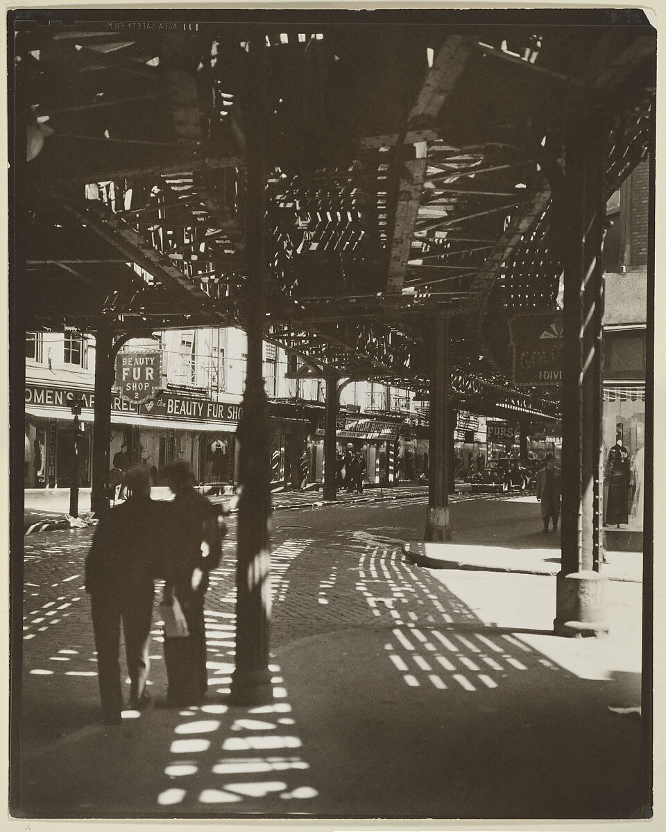 [The El, 2nd and 3rd Avenue Lines, Bowery and Division Street, Manhattan], Berenice Abbott  American, Gelatin silver print