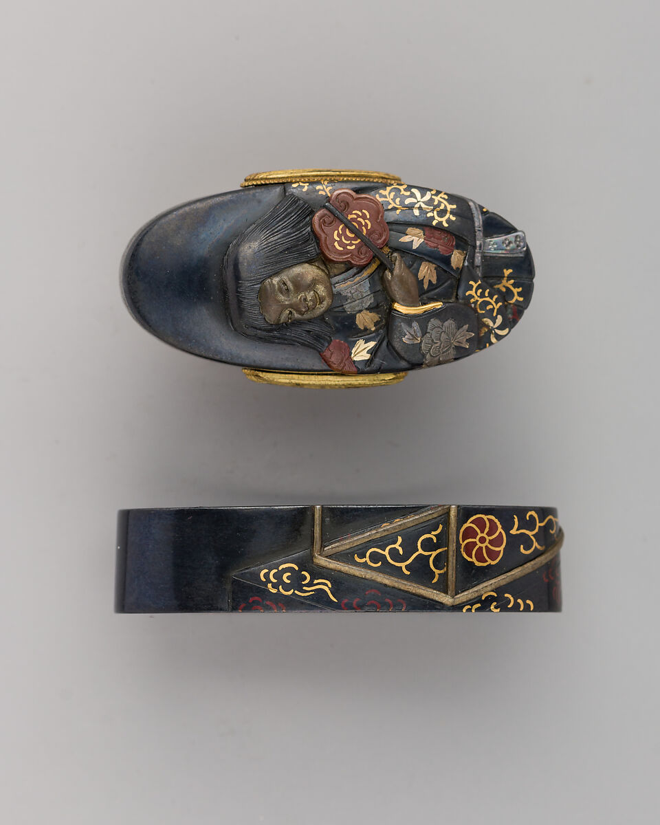 Sword-Hilt Collar and Pommel (Fuchigashira), Copper-gold alloy (shakudō), gold, silver, copper, copper-silver alloy (shibuichi), Japanese 