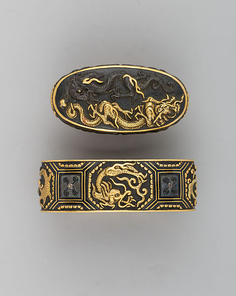 Sword-Hilt Collar and Pommel (Fuchigashira), Copper-gold alloy (shakudō), gold, silver, Japanese 