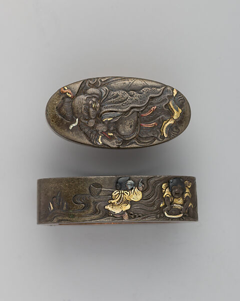 Sword-Hilt Collar and Pommel (Fuchigashira), Copper-gold alloy (shakudō), gold, silver, copper-silver alloy (shibuichi), copper, Japanese 