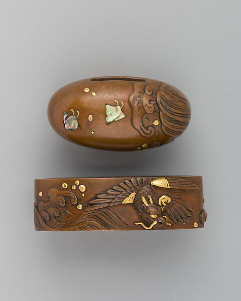 Sword-Hilt Collar and Pommel (Fuchigashira), Copper, gold, Japanese 