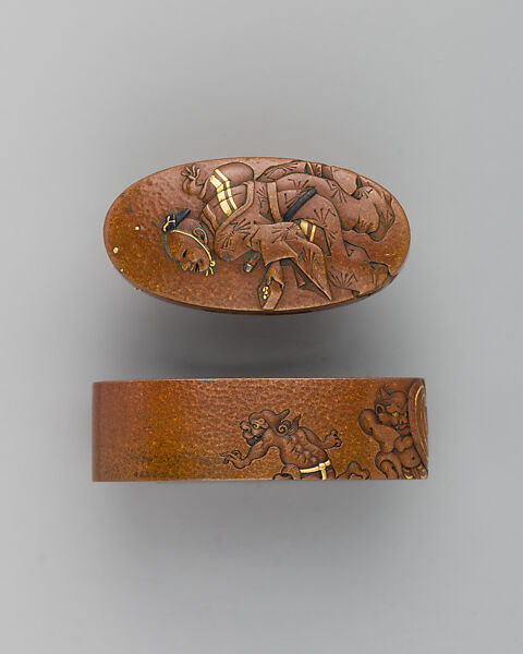 Sword-Hilt Collar and Pommel (Fuchigashira), Copper, gold, copper-gold alloy (shakudō), Japanese 