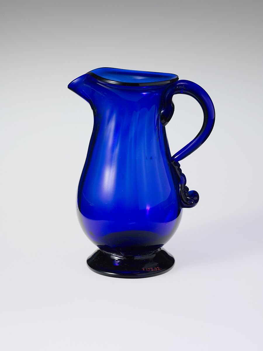 Cream Jug, Blown pattern-molded lead blue glass, American or British 