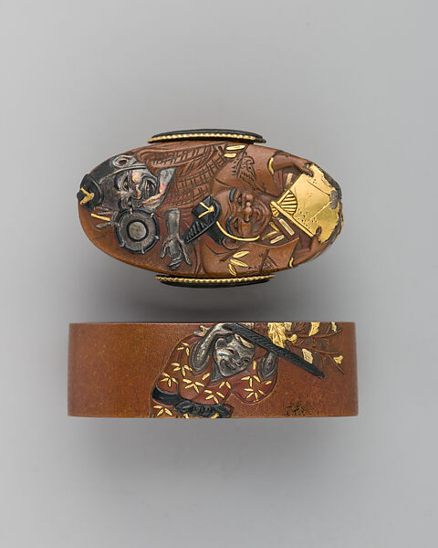 Sword-Hilt Collar and Pommel (Fuchigashira), Copper, gold, copper-gold alloy (shakudō), Japanese 