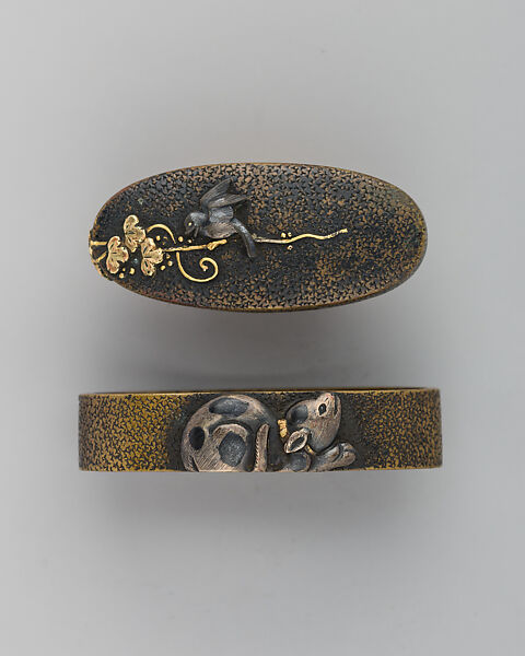 Sword-Hilt Collar and Pommel (Fuchigashira), Gold, copper-gold alloy (shakudō), Japanese 
