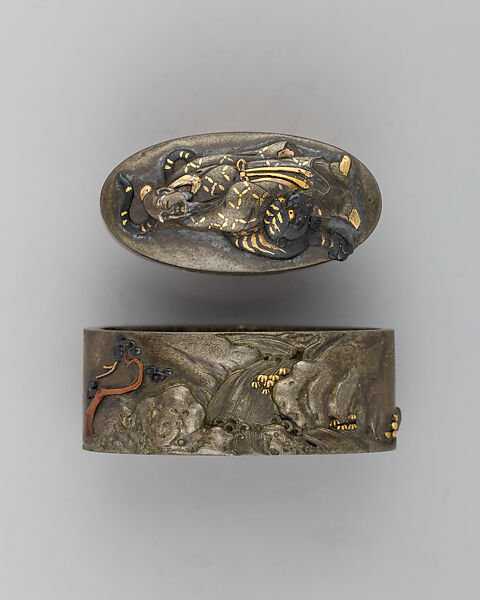 Sword-Hilt Collar and Pommel (Fuchigashira), Copper-silver alloy (shibuichi), gold, copper-gold alloy (shakudō), Japanese 