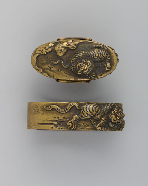 Sword-Hilt Collar and Pommel (Fuchigashira), Gold, copper-gold alloy (shakudō), Japanese 
