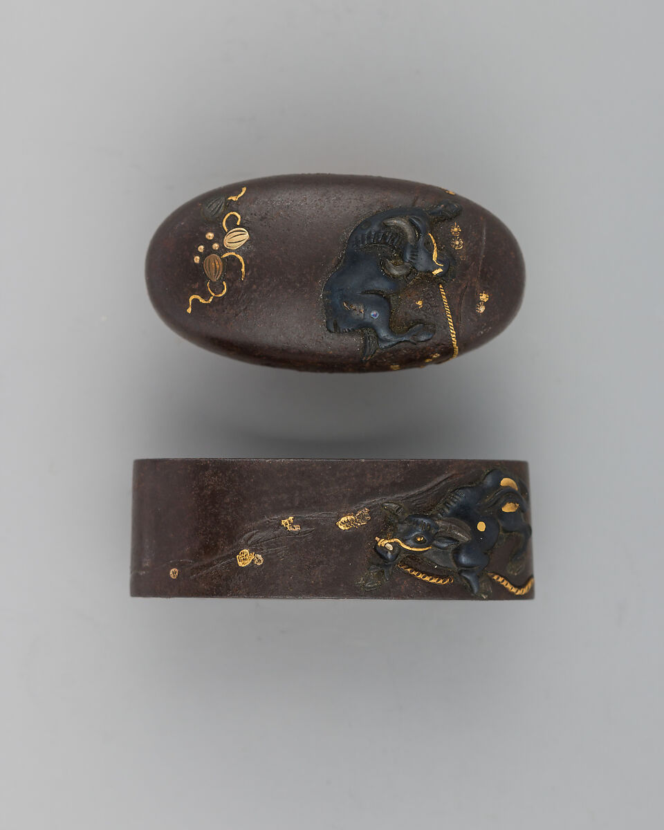 Sword-Hilt Collar and Pommel (Fuchigashira), Iron, gold, silver, copper-gold alloy (shakudō), copper, Japanese 
