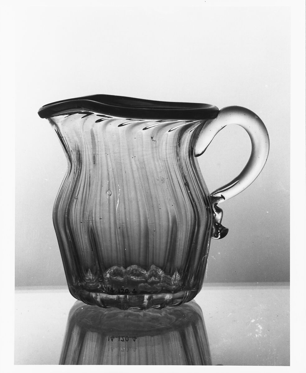 Creamer, Blown pattern-molded colorless and blue glass, British 