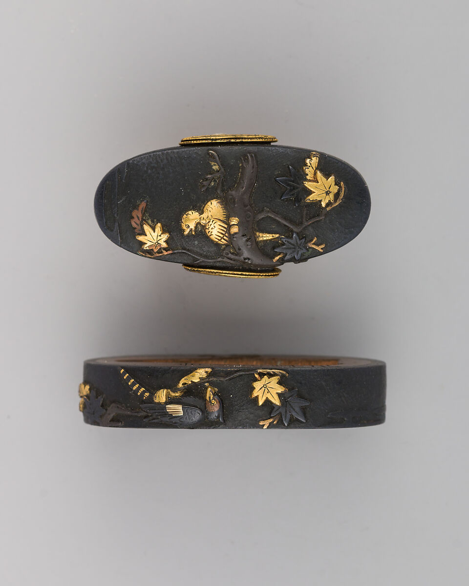 Sword-Hilt Collar and Pommel (Fuchigashira), Copper-gold alloy (shakudō), gold, copper-silver alloy (shibuichi), copper, Japanese 