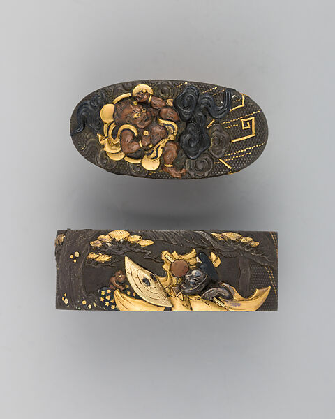 Sword-Hilt Collar and Pommel (Fuchigashira), Copper-silver alloy (shibuichi), gold, silver, copper, copper-gold alloy (shakudō), Japanese 