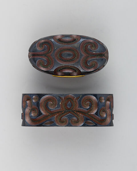 Sword-Hilt Collar and Pommel (Fuchigashira), Copper-silver alloy (shibuichi), copper-gold alloy (shakudō), copper, Japanese 