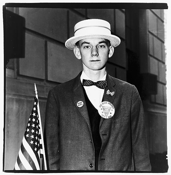 Boy with a straw hat waiting to march in a pro-war parade, N.Y.C., Diane Arbus (American, New York 1923–1971 New York), Gelatin silver print 
