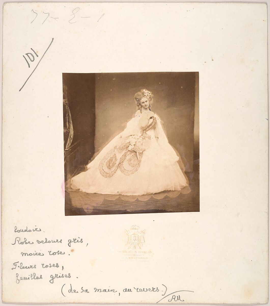 La Bisi. Boudoir, robe velour gris, moire rose, fleurs roses, feuilles grises (de sa mai, au revers.), Pierre-Louis Pierson (French, 1822–1913), Albumen silver print from glass negative 