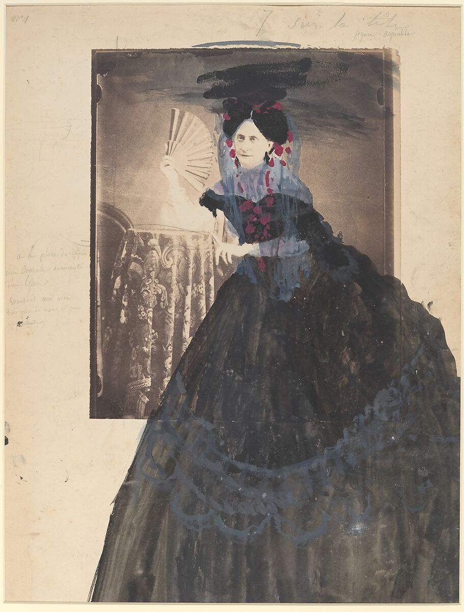 [La Comtesse at Table holding Fan], Pierre-Louis Pierson (French, 1822–1913), Salted paper print from glass negative with applied color 