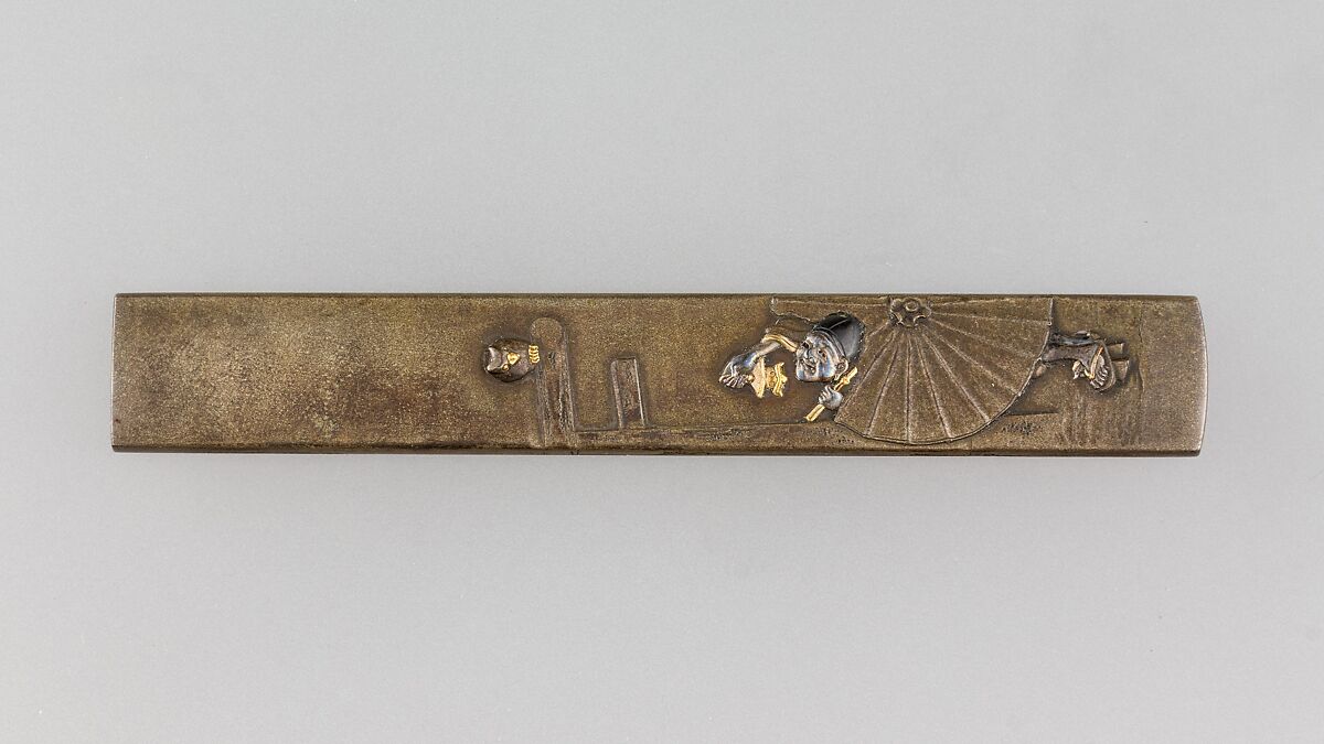 Knife Handle (Kozuka), Hamano Toshihiro (Japanese, died 1861), Copper-silver alloy (shibuichi), gold, silver, copper-gold alloy (shakudō), Japanese 