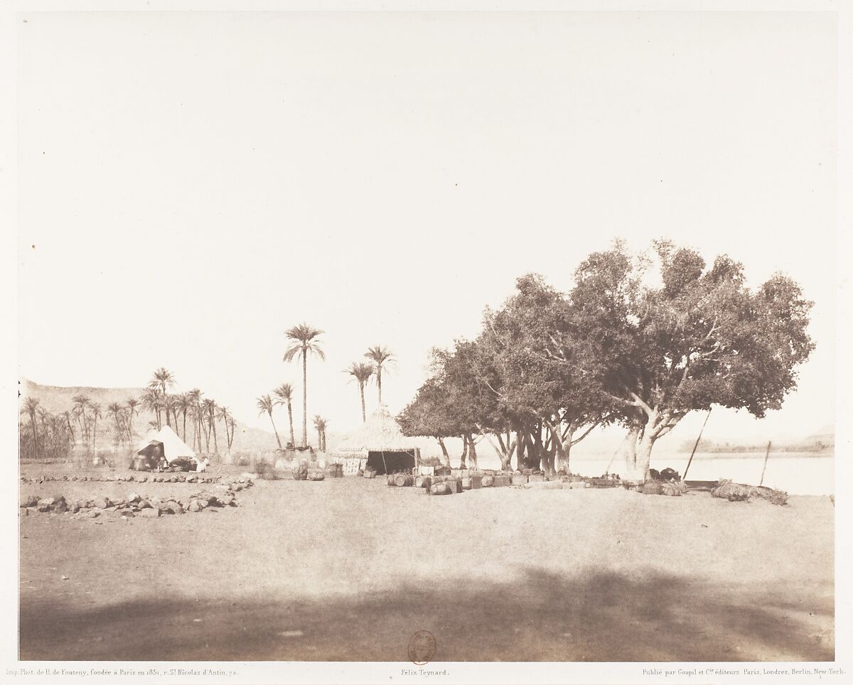 Korósko, Sycomores et Campement d'une Caravane pour le Sennâr, Félix Teynard (French, 1817–1892), Salted paper print from paper negative 