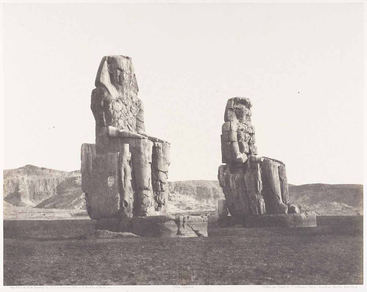 Gournah (Thèbes), Colosses (Celui de Droite, Dit de Memnon), Félix Teynard (French, 1817–1892), Salted paper print from paper negative 