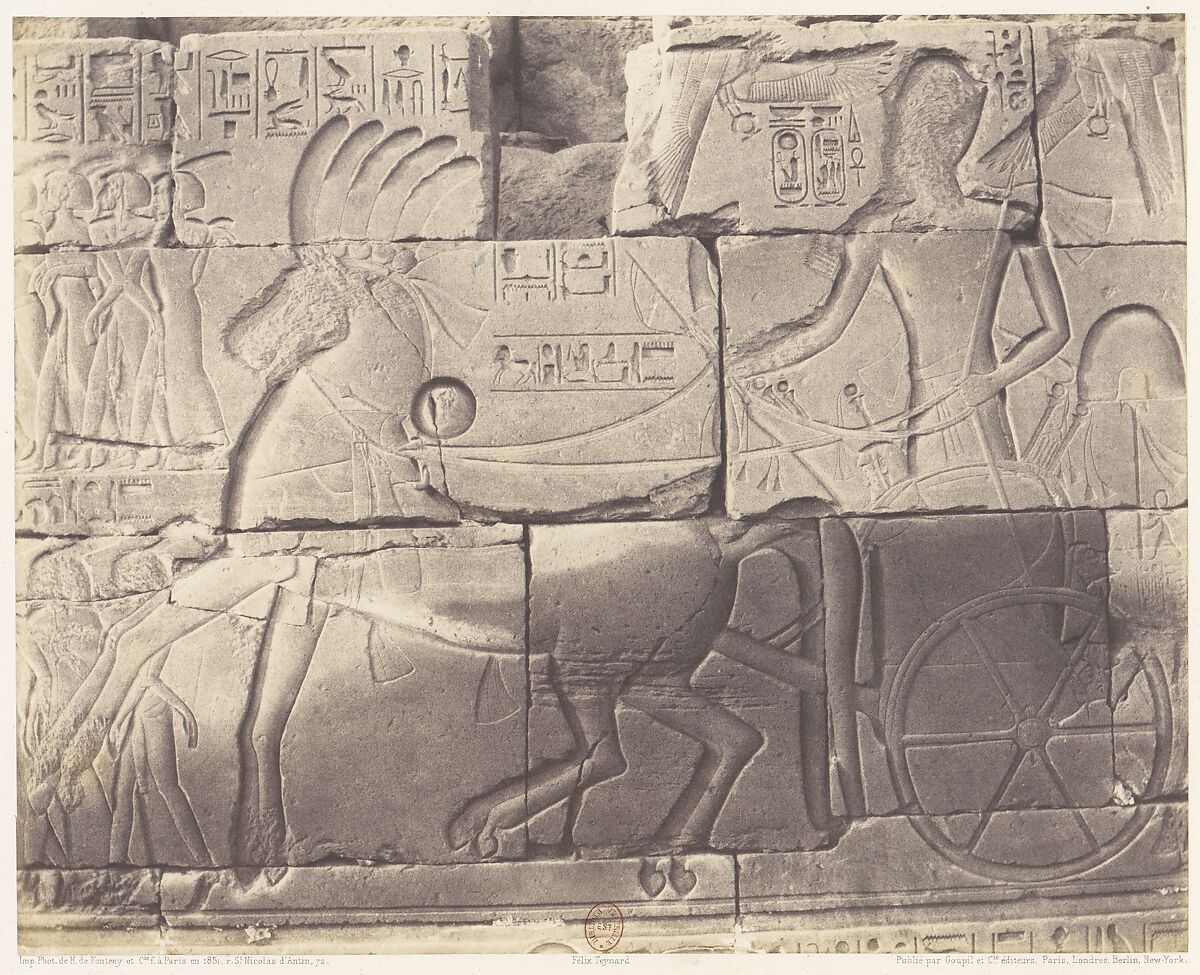 Karnak (Thèbes), Enciente du Palais - Détailes de Sculptures au Point N, Félix Teynard (French, 1817–1892), Salted paper print from paper negative 