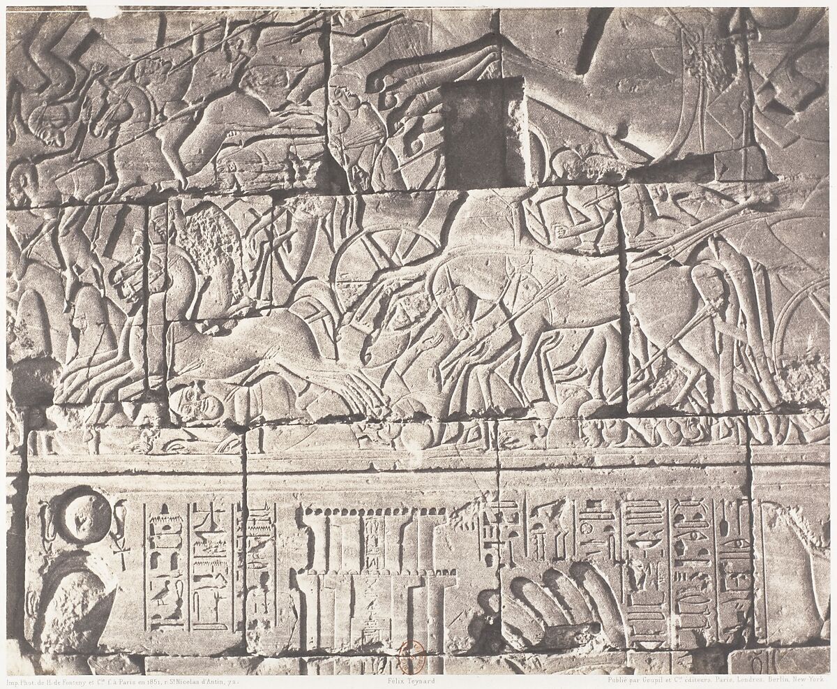 Karnak (Thèbes), Enciente du Palais - Détails de Sculptures au Point O, Félix Teynard (French, 1817–1892), Salted paper print from paper negative 