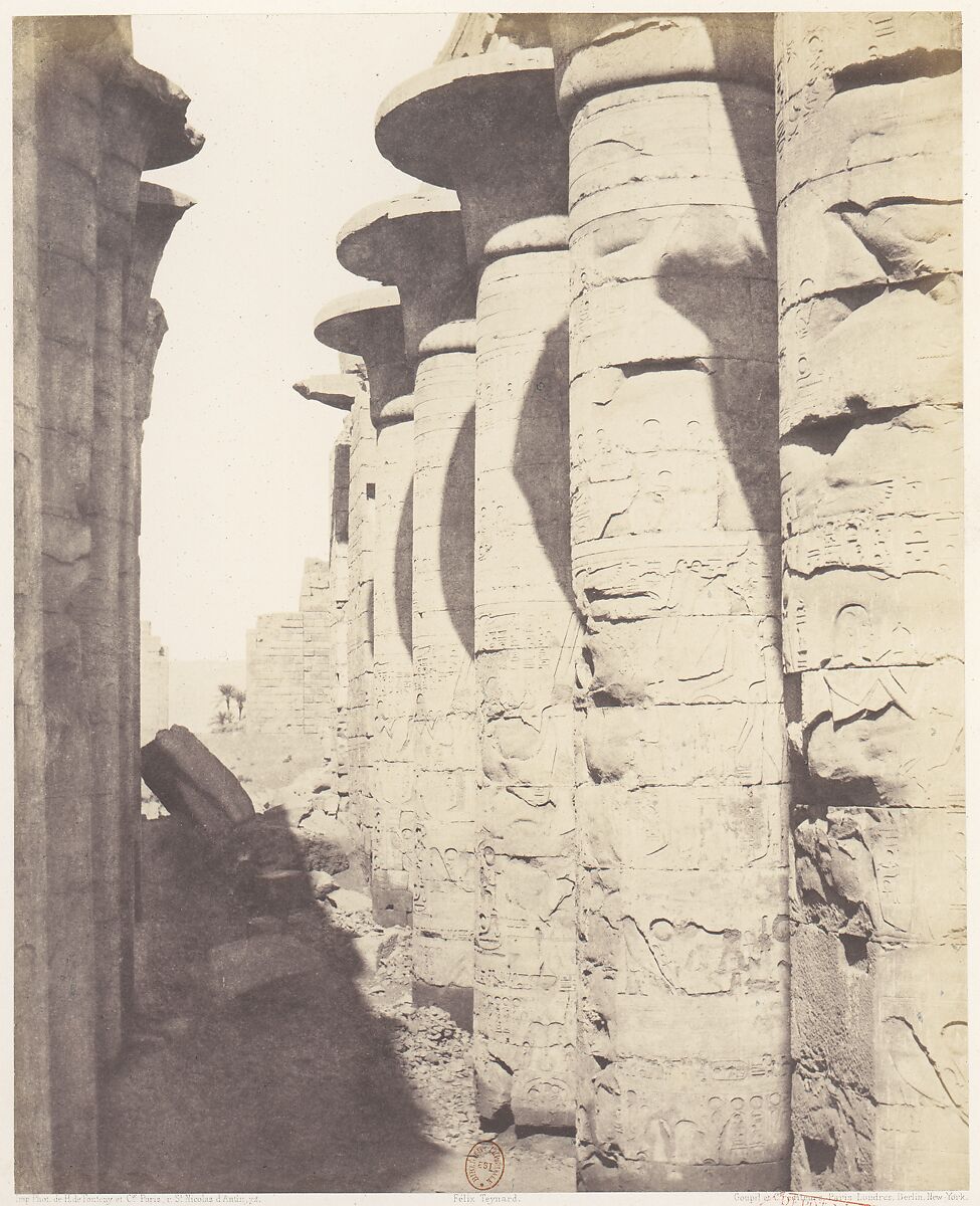 Karnak (Thèbes), Palais - Salle Hypostyle - Colonnade Centrale Vue du Point J, Félix Teynard (French, 1817–1892), Salted paper print from paper negative 