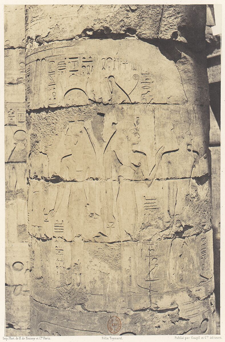 Karnak (Thèbes), Palais - Salle Hypostyle - Colonnade Centrale - Décoration d'un Fut, Félix Teynard (French, 1817–1892), Salted paper print from paper negative 