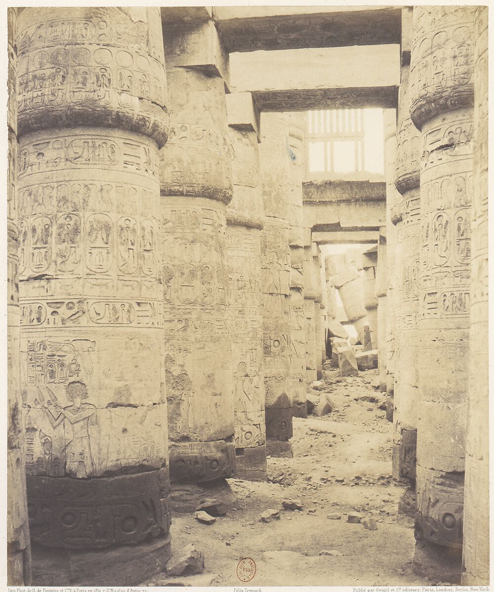 Karnak (Thèbes), Palais - Salle Hypostyle - Fenêtre et Chapiteaux des Galleries Latérales, Félix Teynard (French, 1817–1892), Salted paper print from paper negative 