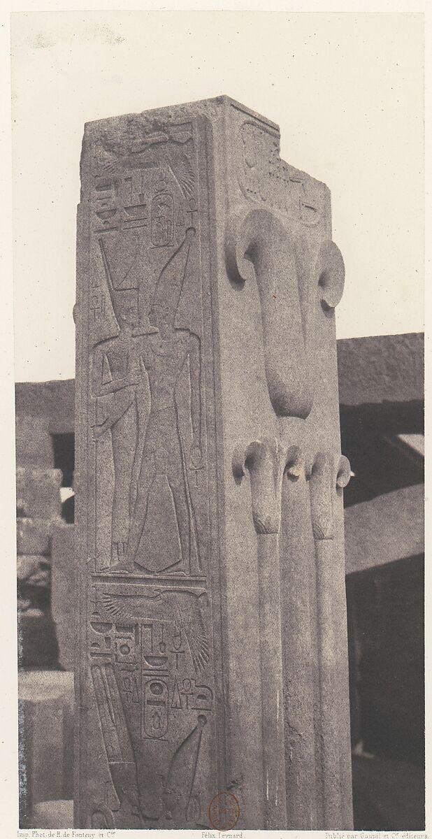 Karnak (Thèbes), Palais - Construction de Granit - Pilier Sculpté, au Point P, Félix Teynard (French, 1817–1892), Salted paper print from paper negative 