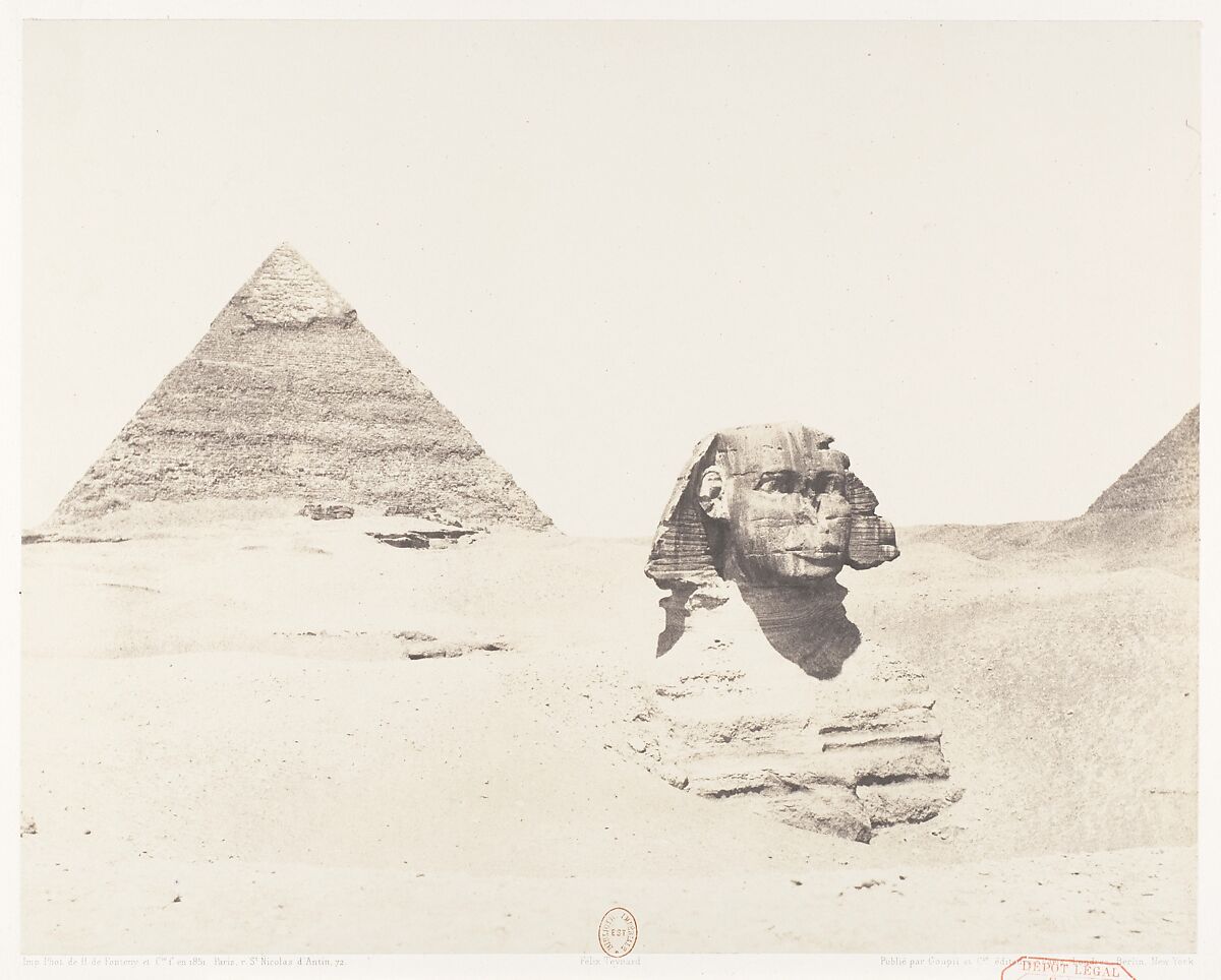 Djîzeh (Nécropole de Memphis), Sphinx et Pyramides, Félix Teynard (French, 1817–1892), Salted paper print from paper negative 