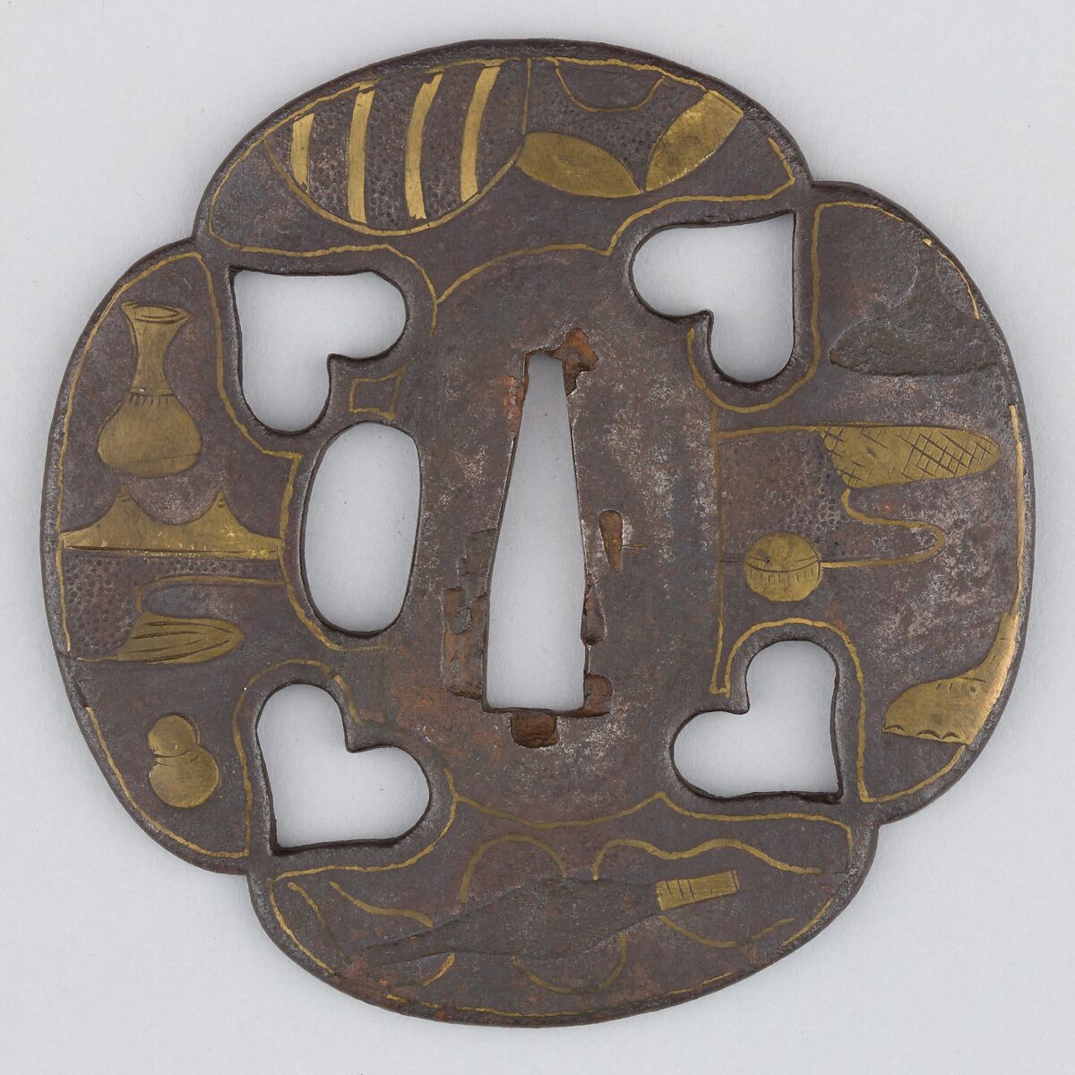 Sword Guard (Tsuba), Iron, brass, copper, Japanese 