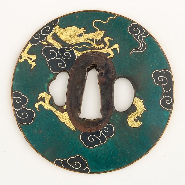 Sword Guard (Tsuba), Copper, gold, copper-gold alloy (shakudō), enamel, Japanese 