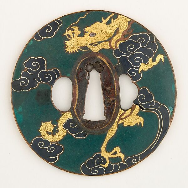 Sword Guard (Tsuba), Copper, gold, copper-gold alloy (shakudō), enamel, Japanese