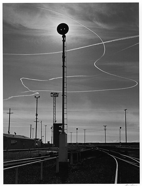 Rails and Jet Trails, Roseville, California, Ansel Easton Adams (American, San Francisco, California 1902–1984 Carmel, California), Gelatin silver print 