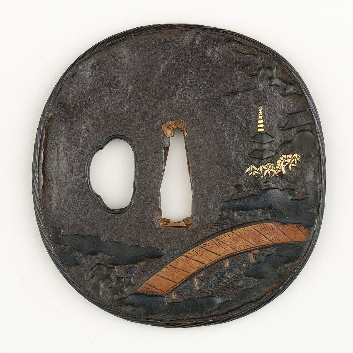 Sword Guard (Tsuba), Iron, gold, copper-silver alloy (shibuichi), copper, copper-gold alloy (shakudō), Japanese 