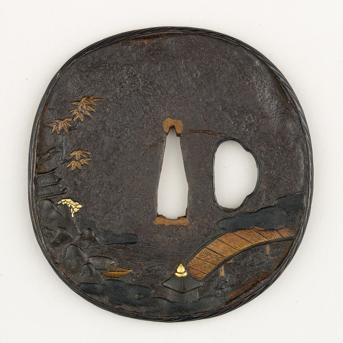 Sword Guard (Tsuba), Iron, gold, copper-silver alloy (shibuichi), copper, copper-gold alloy (shakudō), Japanese