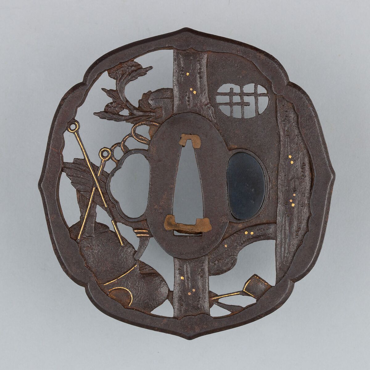 Sword Guard (Tsuba), Iron, gold, copper-gold alloy (shakudō), copper, Japanese