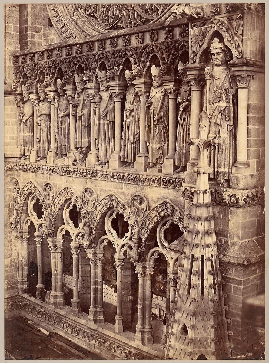 [Pointed Arches, Sculptural Saints, and Rose Window on Unidentified Cathedral], Unknown, Albumen silver print from glass negative 
