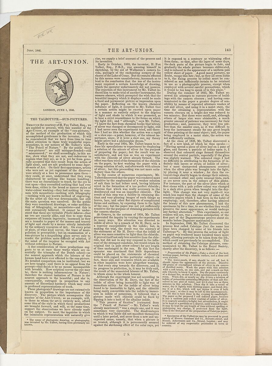 [170–176 Regent Street, London] and "The Talbotype–Sun-Pictures" in The Art-Union, Monthly Journal of the Fine Arts, William Henry Fox Talbot (British, Dorset 1800–1877 Lacock), Salted paper print from paper negative
