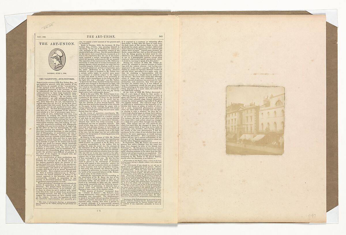 [170–176 Regent Street, London] and "The Talbotype–Sun-Pictures" in The Art-Union, Monthly Journal of the Fine Arts, William Henry Fox Talbot (British, Dorset 1800–1877 Lacock), Salted paper print from paper negative