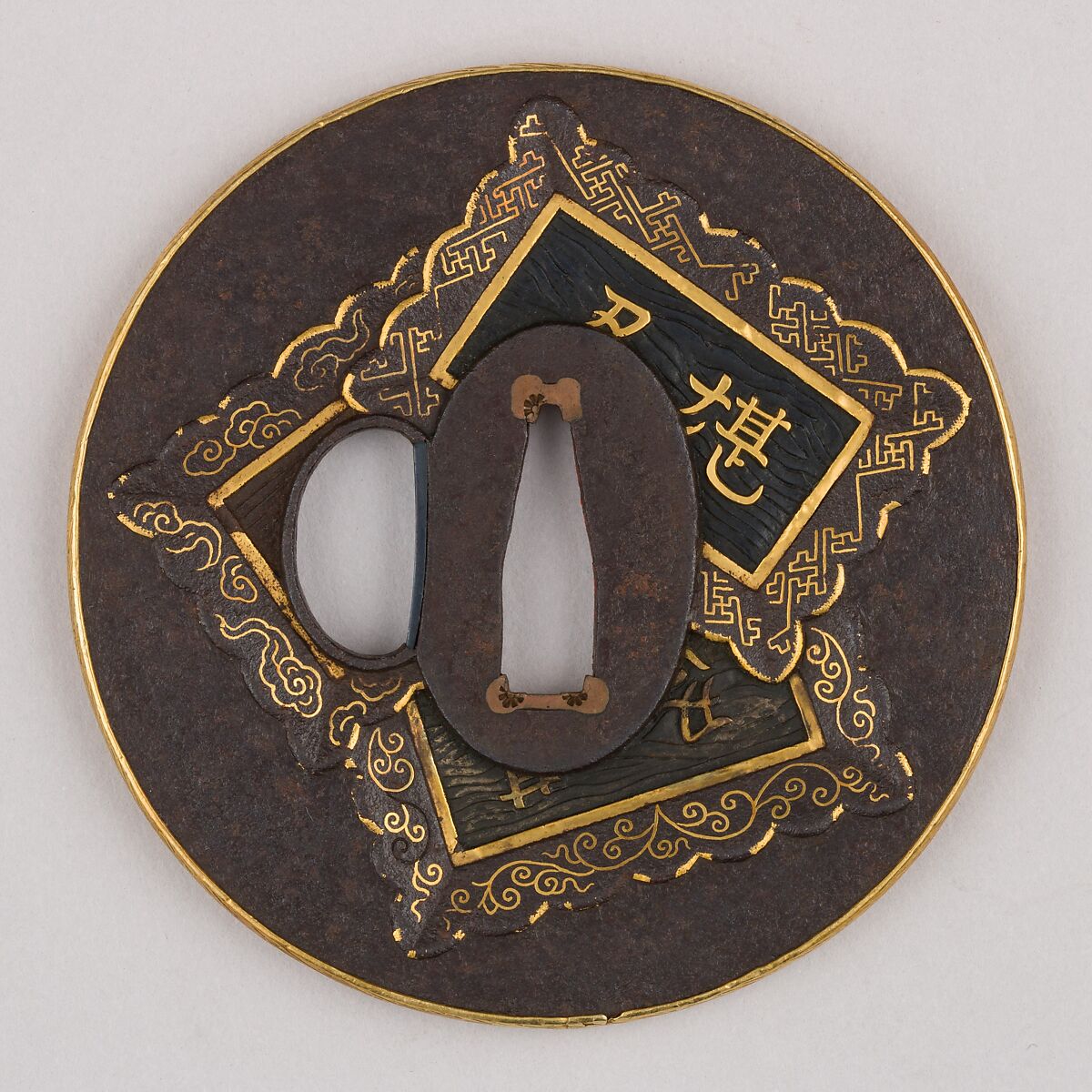 Sword Guard (Tsuba), Iron, gold, copper-gold alloy (shakudō), copper, Japanese