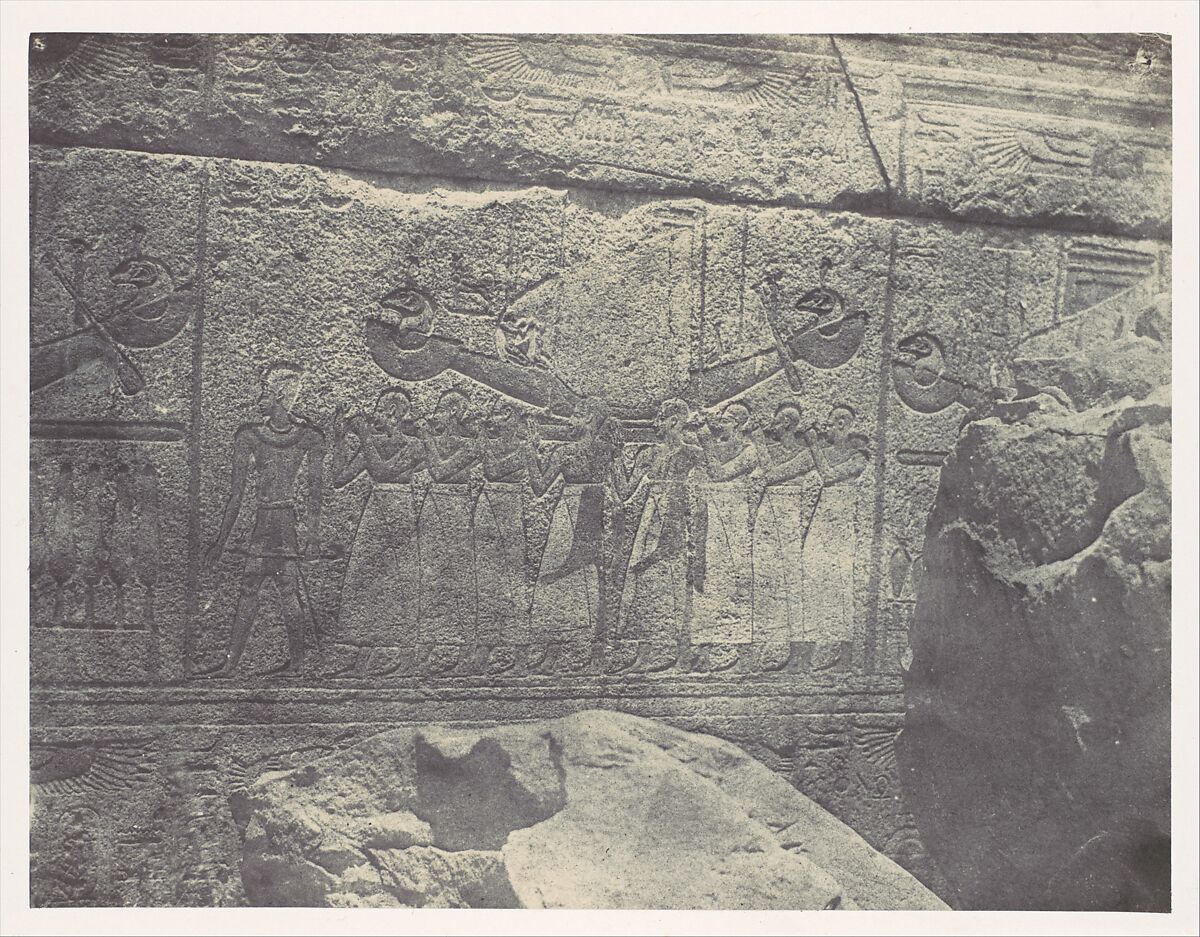 Thebes. Palais de Karnak. Sculptures extérieures du Sanctuaire de granit, Maxime Du Camp (French, 1822–1894), Salted paper print (Blanquart-Évrard process) from paper negative 