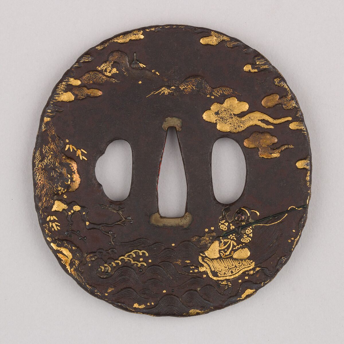 Sword Guard (Tsuba), Iron, gold, silver, copper-gold alloy (shakudō), copper, Japanese