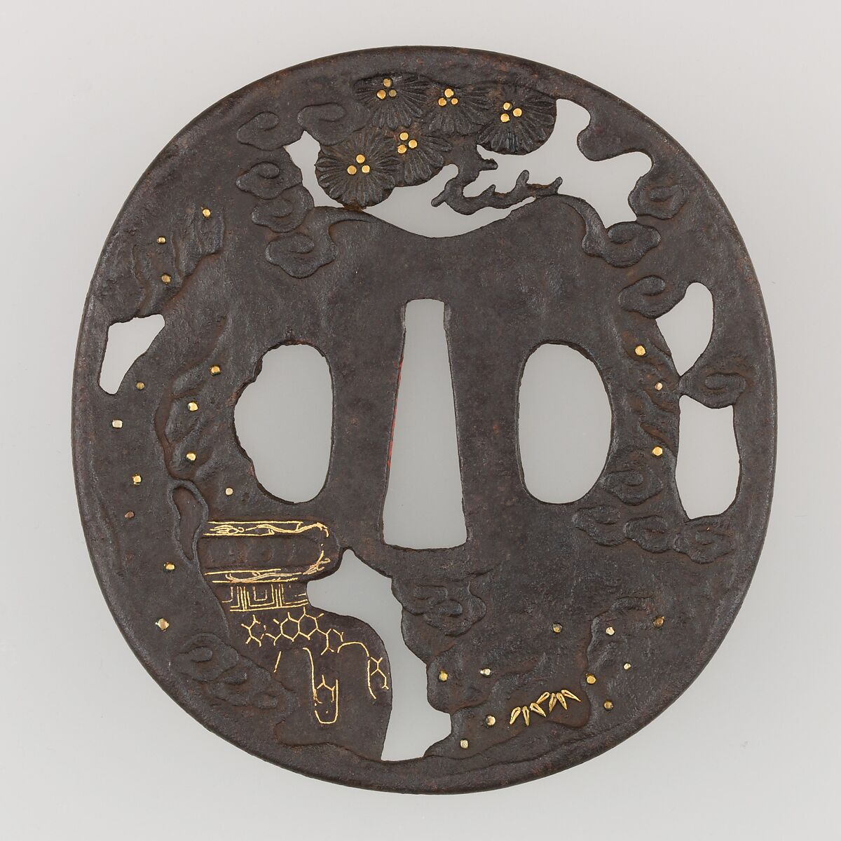 Sword Guard (Tsuba), Iron, gold, copper-silver alloy (shibuichi), copper, Japanese