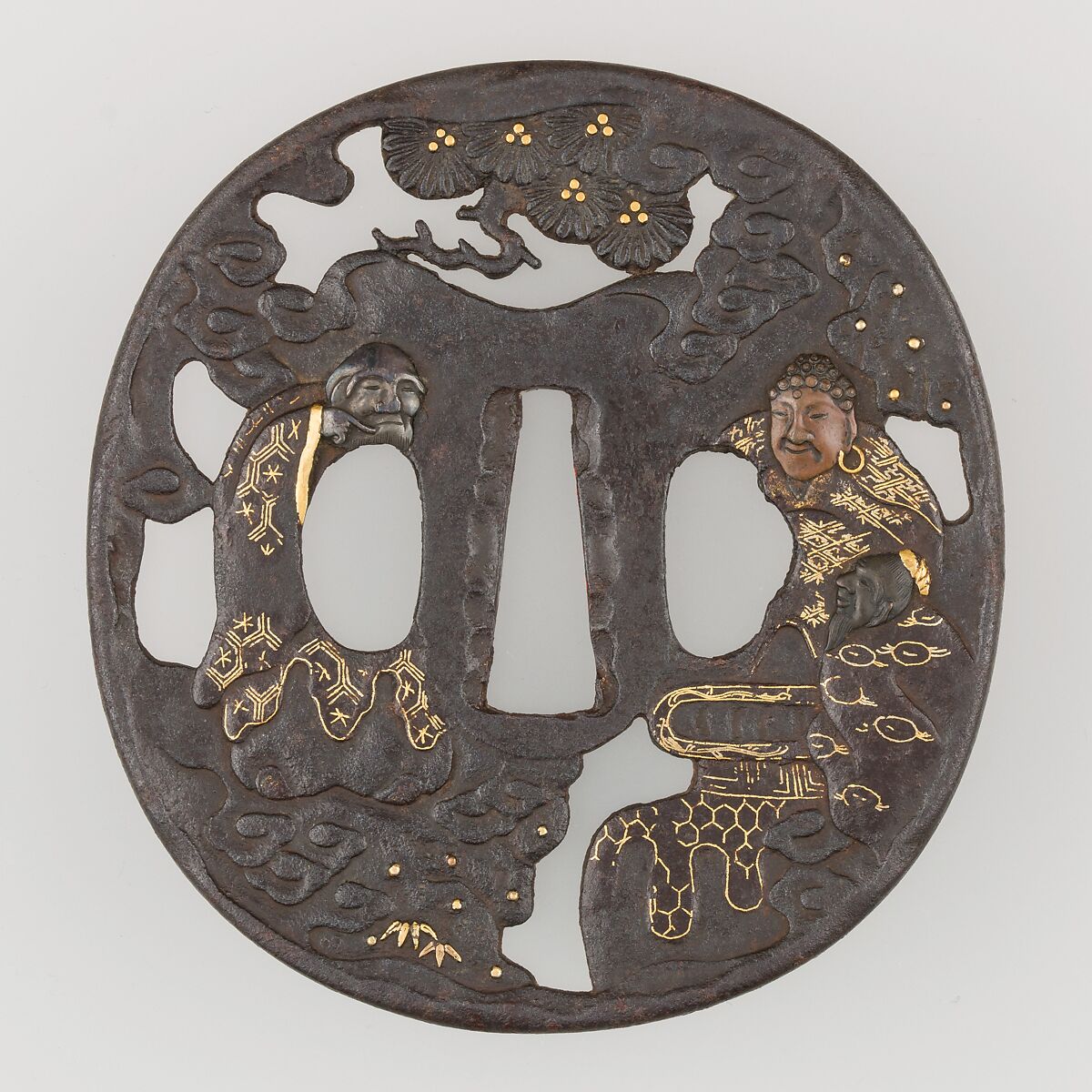 Sword Guard (Tsuba), Iron, gold, copper-silver alloy (shibuichi), copper, Japanese 