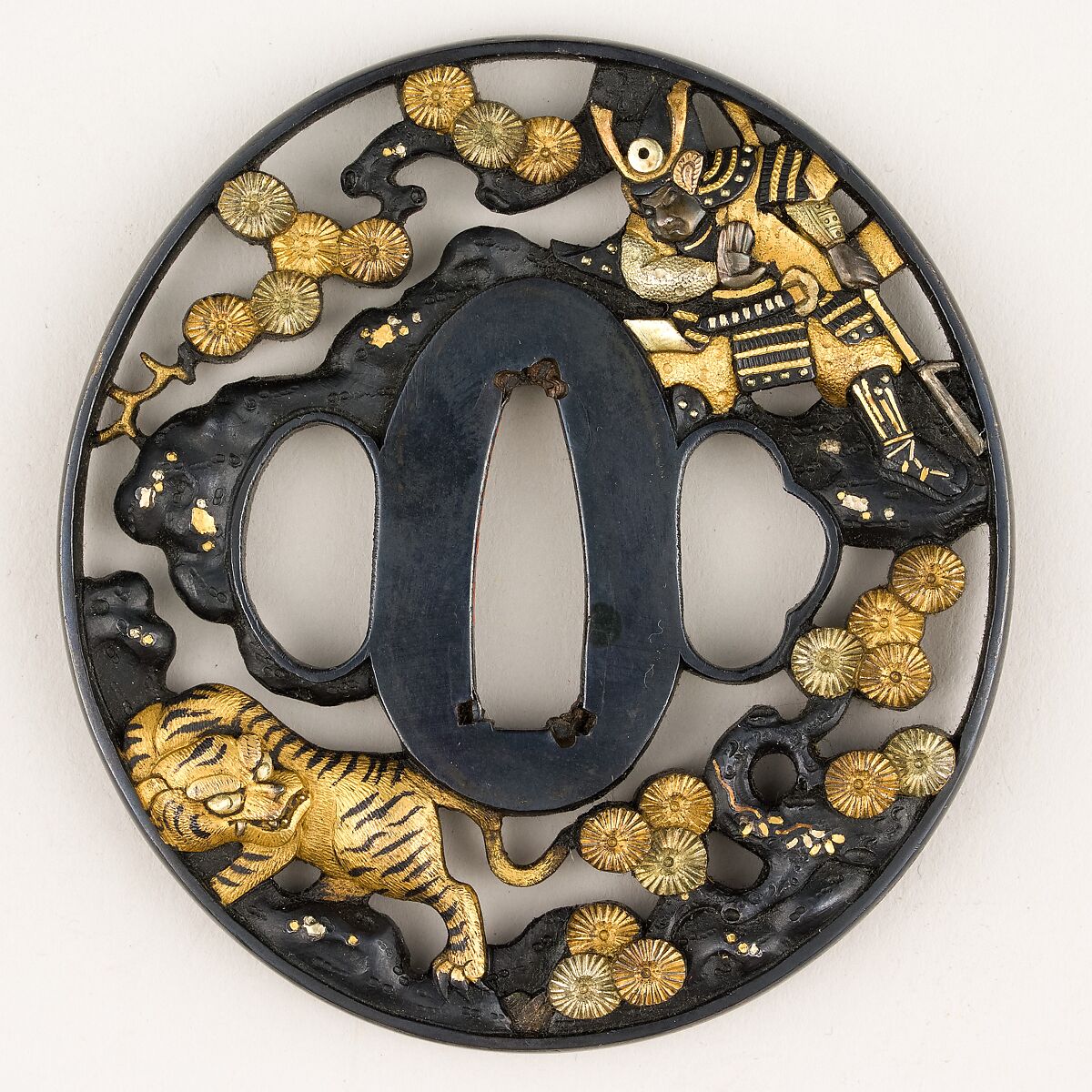 Sword Guard (Tsuba), Iron, copper-gold alloy (shakudō), silver, Japanese 