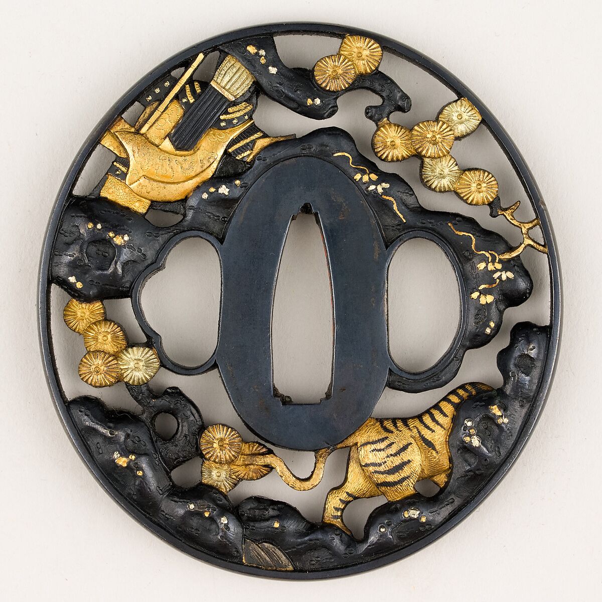 Sword Guard (Tsuba), Iron, copper-gold alloy (shakudō), silver, Japanese